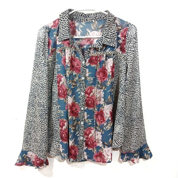 Floral Animal Print Long Sleeve Sheer Top - Picture 1 of 10